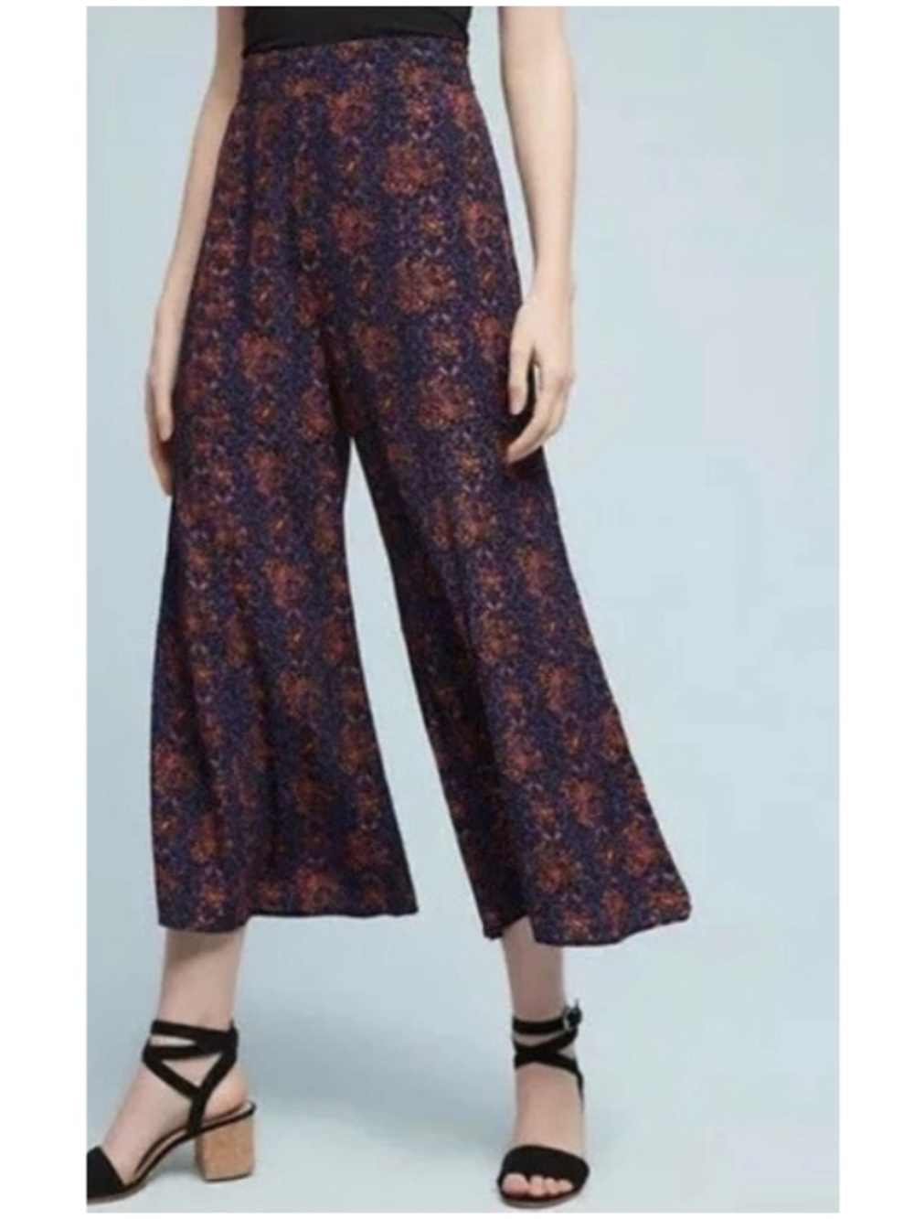 Anthropologie Elevenses Tessie Paisley Crepe High Rise Crop Wide Pant Navy 6
